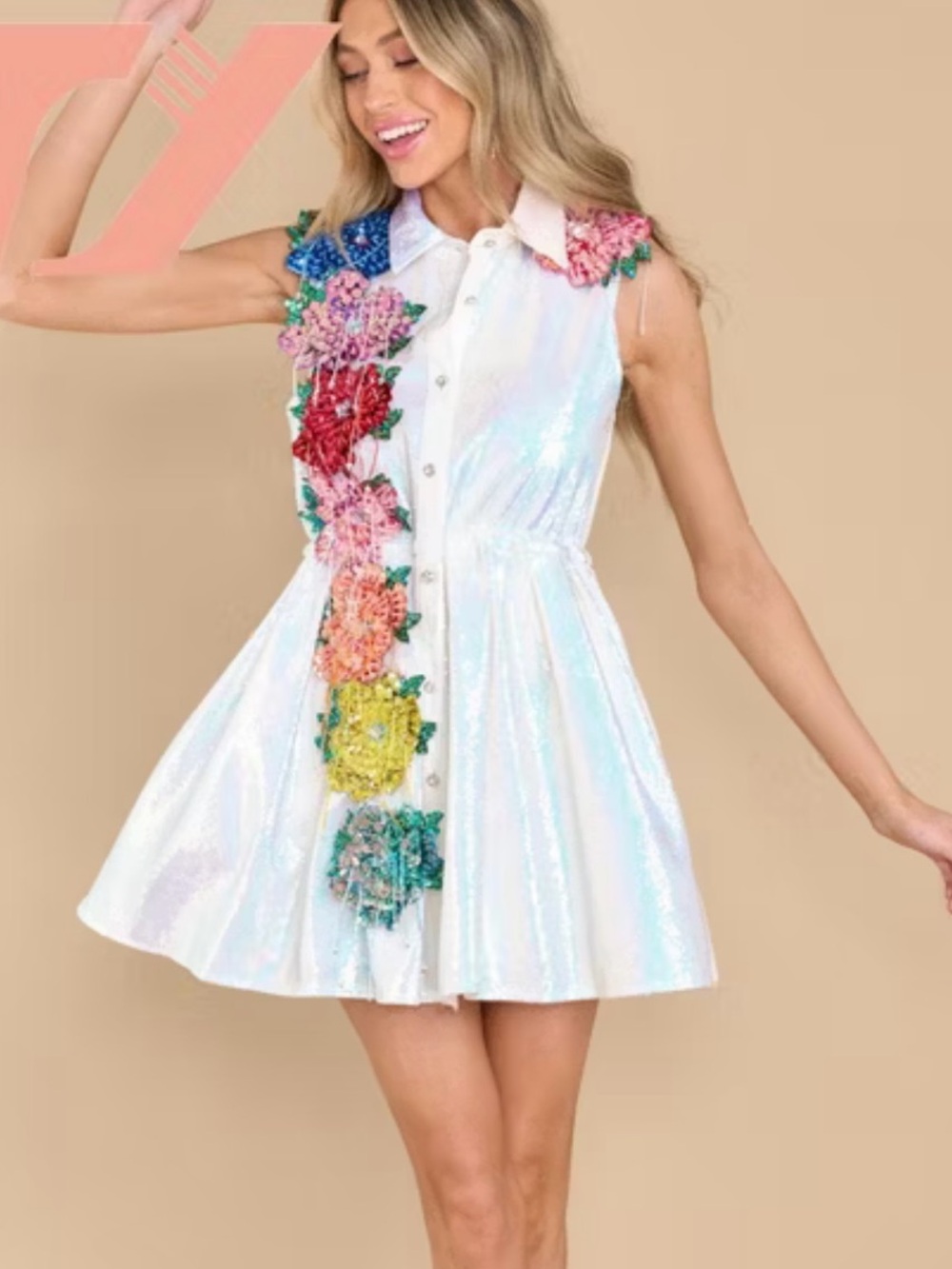 White Iridescent Rainbow Sequin Flower Dress
